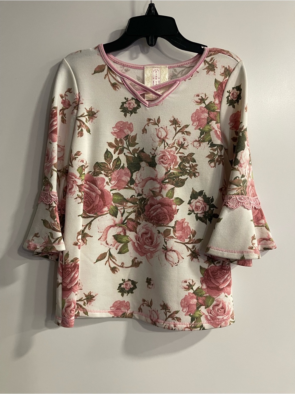 New Pink Vanilla Floral Pink Bell-Sleeve Girl’s Top - Soft Cream Background